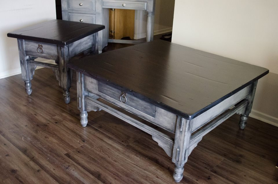 Coffee Table and Matching End Table - Weathered Gray w Dark Wood Tops - Image 2