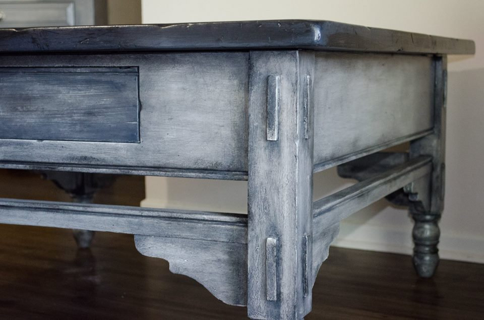 Coffee Table and Matching End Table - Weathered Gray w Dark Wood Tops - Image 3