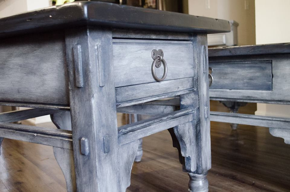 Coffee Table and Matching End Table - Weathered Gray w Dark Wood Tops - Image 4