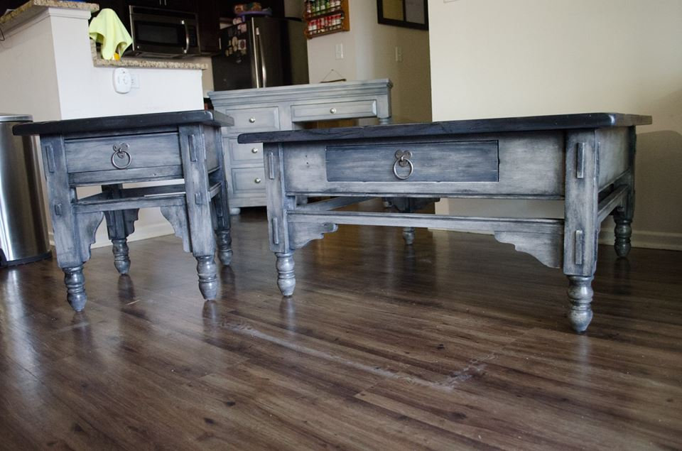 Coffee Table and Matching End Table - Weathered Gray w Dark Wood Tops - Image 6