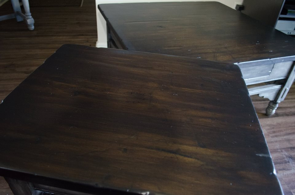 Coffee Table and Matching End Table - Weathered Gray w Dark Wood Tops - Image 8