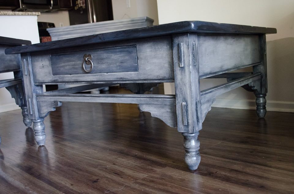 Coffee Table and Matching End Table - Weathered Gray w Dark Wood Tops - Image 9